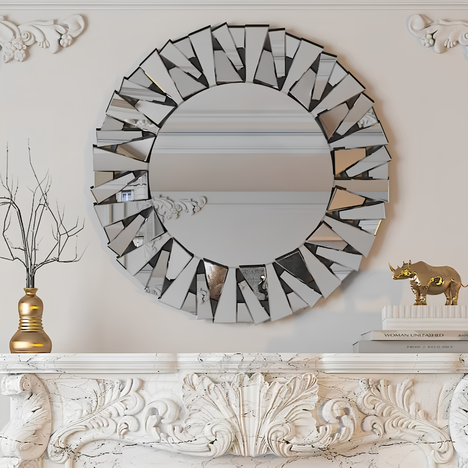 Miroir rond design soleil argenté biseauté | Hélios