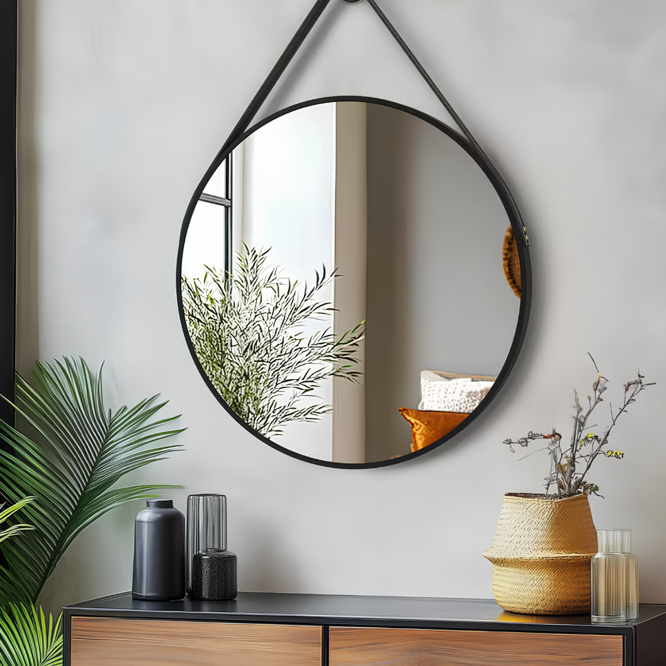 Miroir rond noir suspendu cuir | Théo