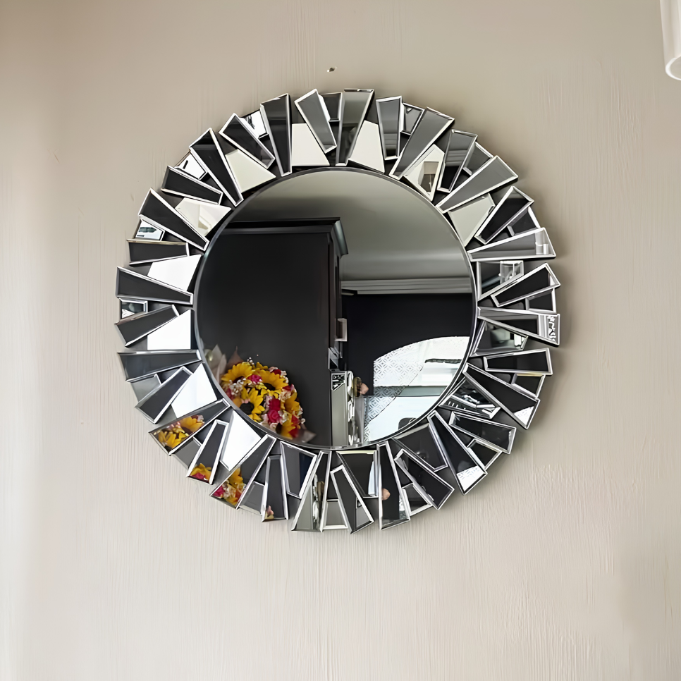 Miroir rond design soleil argenté biseauté | Hélios