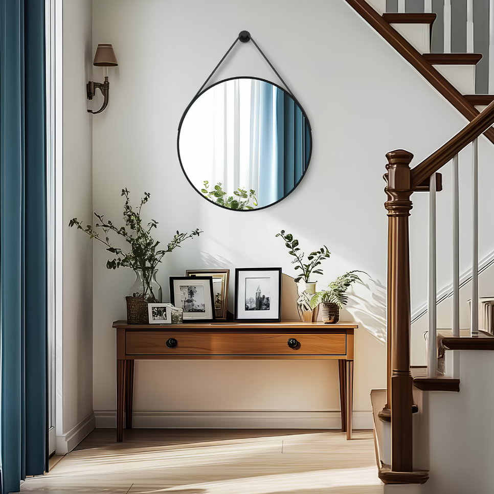 Miroir rond noir suspendu cuir | Théo