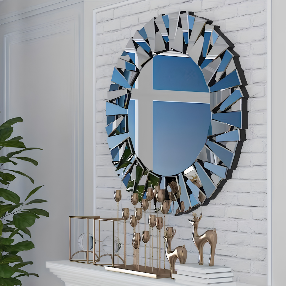 Miroir rond design soleil argenté biseauté | Hélios