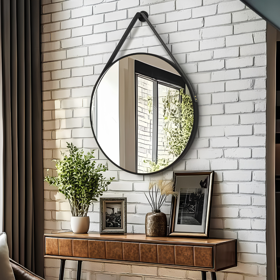 Miroir rond noir suspendu cuir | Théo