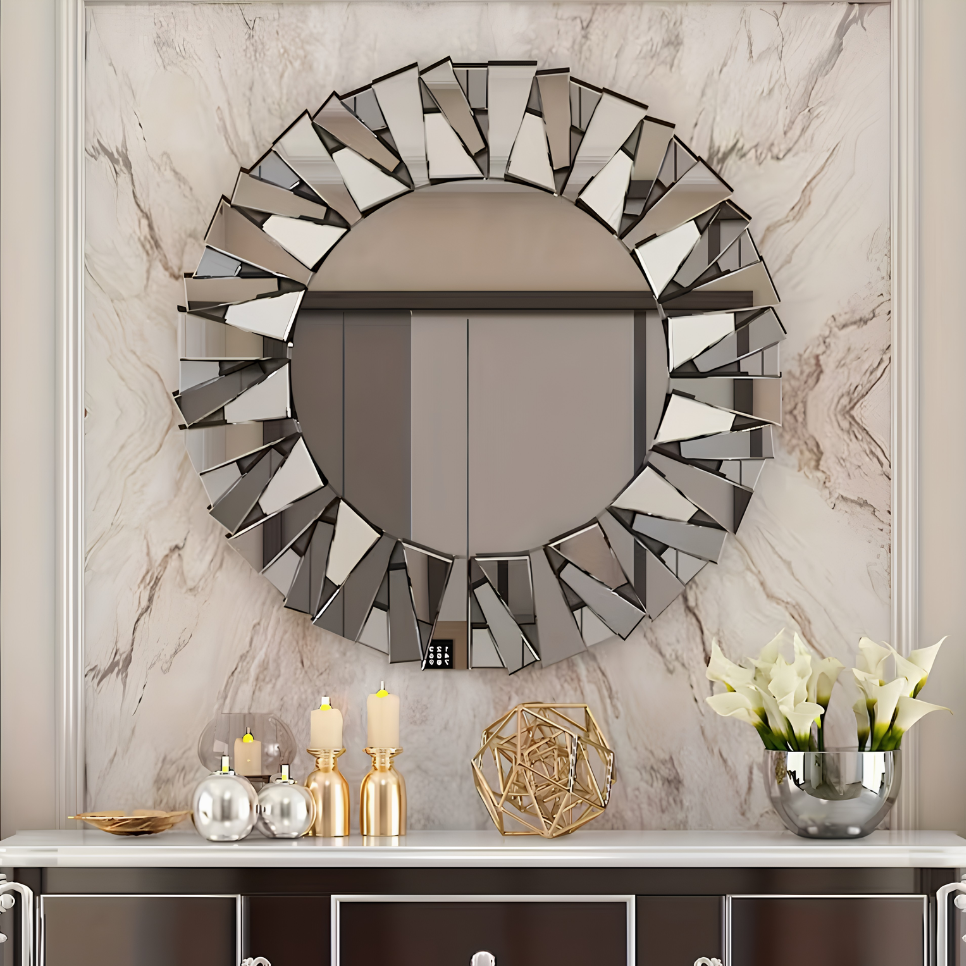 Miroir rond design soleil argenté biseauté | Hélios