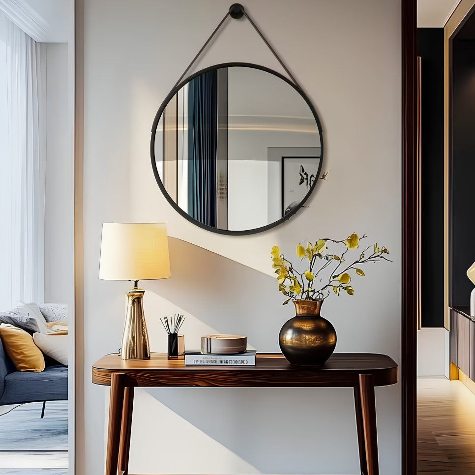 Miroir rond noir suspendu cuir | Théo
